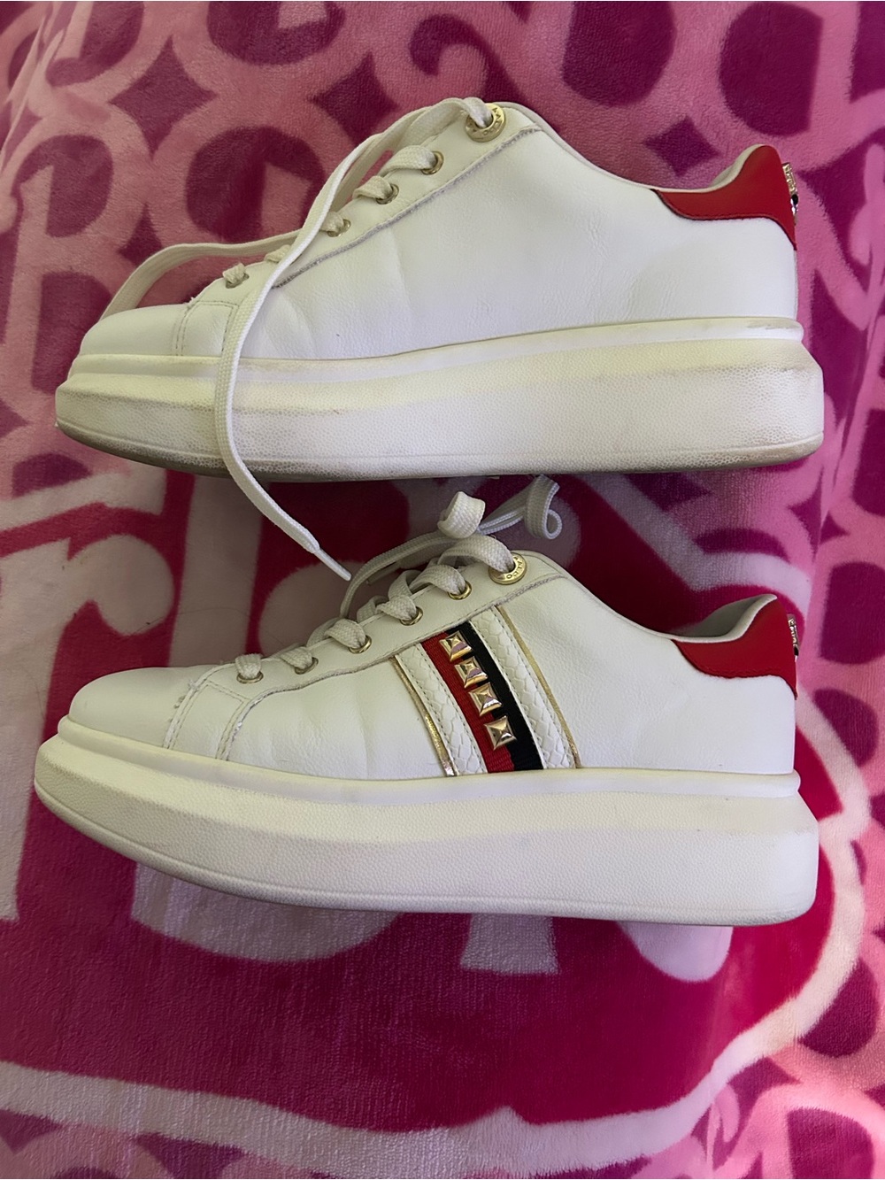 Aldo White Platform Sneakers with Red Heel and Black Stripe